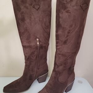 Women's Brown Suede Over-the-Knee Boots with Western Stitching